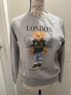Kids Polo by Ralph Lauren Gray Crewneck with London Polo Bear Graphic
